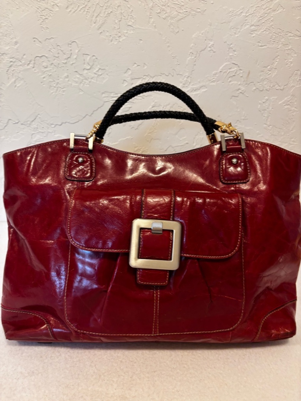 Relativity Red Leather Tote Bag‎ Large Buckle Satchel Shoulder Bag